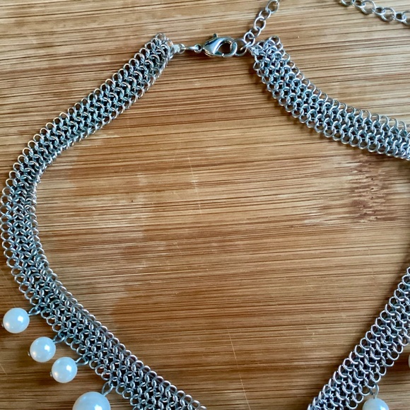 Geometric Mesh Collar Necklace With Pearls Designer Statement Jewelry Silvertone - Picture 5 of 14